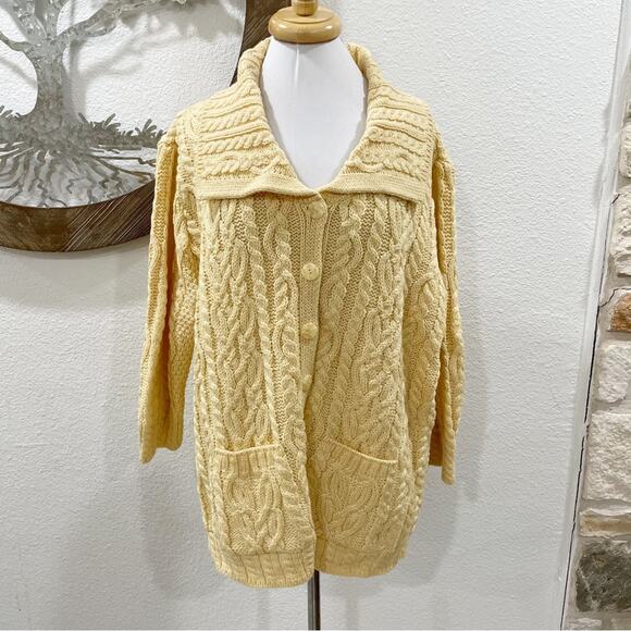 Aran Crafts Cableknit Irish Merino Wool Shawl Collar Cardigan Sweater Yellow - Picture 1 of 7